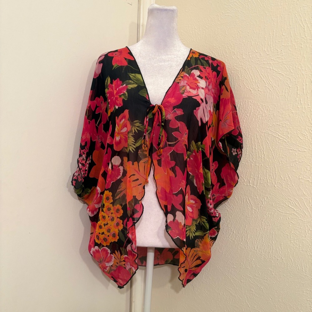 Travel Elements Floral Kimono Sheer Tie Front Pink Black Tropical Boho Beach L